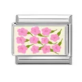 Italian charm link featuring a delicate pink flower pattern on a polished steel base - 1cm x 0.9cm / Pink Floral