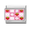 Italian modular charm featuring pink checkerboard pattern with strawberry and daisy floral - 1cm x 0.9cm / Pink Checkerboard Strawberry