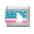 Italian charm link featuring a white cat with pink flowers on a stainless steel base - White Cat Floral Illustration Style