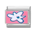 Italian modular charm link in stainless steel with pink enamel white floral design - Minimalist Five-Petal Flower Style