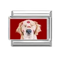 Charm modulare in acciaio inox con golden retriever e impronte di labbra rosse - Cane con Impronta di Labbra (M293571)