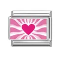 Rosa Herz-Charm mit pink-weißen Streifen für modulares Armband aus Edelstahl gefertigt - Rosenrot Herz Strahlungsstil