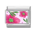 Italienisches Charm-Glied mit rosa Blumenmuster auf poliertem Edelstahl-Sockel - Rosa Aquarell Blumenstil