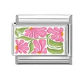 Italienisches Charm-Glied mit rosa Blumendesign in modularer Edelstahl-Schmuckform - Pastoraler Bemalter Blumenstil