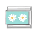 Italian charm link with light blue background and double white daisies for bracelets - Blue Daisy Style
