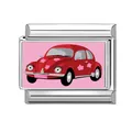 Italienischer Modul-Charm mit rosa Hintergrund und niedlichem roten Cartoon-Auto - Rosa Blume Roter Auto Stil