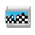Italian modular charm link in silver stainless steel with sky blue drip and checkerboard - Checkerboard and Blue Drip (M293601) / 1*0.9cm