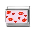 Italienischer Armband-Link mit rosa Oberfläche, roten Lippen und Herzen auf Silberbasis - Rosa Basis Rote Lippen Herz Stil