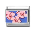 Italian modular charm featuring three pink flowers on a deep blue rectangle base - Dark Blue Base Pink Floral (M293601) / 1*0.9cm