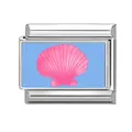Italian modular charm in stainless steel featuring a pink seashell on light blue background - Light Blue Base Pink Seashell (M293601) / 1*0.9cm