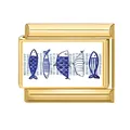 Eslabón modular dorado con diseño de peces azules sobre panel blanco para pulsera - Patrón de Peces Azules (Ocean-1)