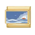 Eslabón de amuleto italiano dorado con motivo de velero y pintura de escena oceánica - Paisaje de Velero (Ocean-2)