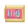Eslabón de amuleto italiano con sardinas azules y rodaja de limón en marco dorado - Sardinas Azules (Ocean-4)