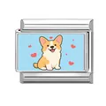 Italian charm link featuring a cartoon Corgi with red hearts on a light blue background - Blue Background Corgi with Heart (Pet-4)