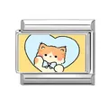 Italian charm bracelet link featuring a cute orange cat and blue bow on yellow base - Yellow Background Orange Cat with Bow (Pet-5)
