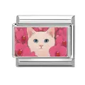Italian charm link with a blue-eyed white cat and pink orchids in stainless steel - Blue-Eyed White Cat with Orchids (Pet-6)