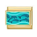 Abalorio modular dorado con cuatro delfines azules nadando en el mar en eslabón - Delfines Nadando (Ocean-11)