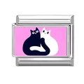Italian charm link featuring cute black and white cartoon cats on pink background - Pink Background Black and White Cats Hugging (Pet-8)