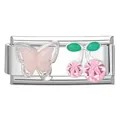 Italienischer Armband-Link mit glitzerndem Schmetterling und Kristall-Kirschen in Silber - 1*0.9cm / Glitzer Schmetterling und Kirsche