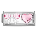 Italienischer Modul-Charm aus Edelstahl mit rosa Kristall-Schleife und Herz - 1*0.9cm / Rosa Schleife und Herz