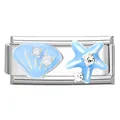Silberner italienischer Modul-Charm mit hellblauem Emaille-Seestern und Muschel mit Kristallen - 1*0.9cm / Blaue Muschel und Seestern