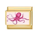Eslabón de pulsera modular dorado con diseño de pulpo rosa pintado a mano en blanco - Pulpo Rosa (Ocean-16)