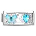 Italienischer Charm mit hellblauem Schmetterling und Tropfen-Edelstein in Silber - 1*0.9cm / Blauer Schmetterling und Tropfenstein