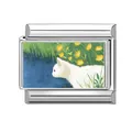 Italian charm link featuring a painted white cat walking through yellow flowers - White Cat Walking in Grass (Pet-12)
