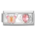 Italienisches Charm-Glied mit Farbverlauf-Schmetterling und rosa Kristallherz in Silber - 1*0.9cm / Rosa Gelber Schmetterling und Herzkristall