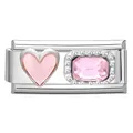 Italienisches Charm-Modul mit rosa Emaille-Herz und rechteckigem Schmuckstein in Silber - 1*0.9cm / Rosa Emaille Herz und Rechteckstein