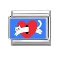 Modular stainless steel link with cartoon white cat and red heart on blue base - Blue Background White Cat Jumping Over Heart (Pet-16)
