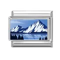 Italian charm bracelet link with blue mountain landscape and stainless steel base - Snow Mountain Lake (Landscape 3) / 1*0.9cm