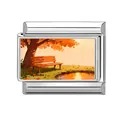 Italian modular charm link with autumn park landscape painting in warm orange tones - Autumn Park Pond (Landscape 10) / 1*0.9cm