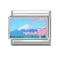 Italian charm bracelet link with Fuji mountain and cherry blossom painted design - Mount Fuji Cherry Blossoms (Landscape 14) / 1*0.9cm