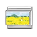 Silver modular charm link with colorful scenery of a girl in a yellow flower field - Girl in White Dress Flower Field (Landscape 15) / 1*0.9cm