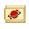 Maillon de bracelet italien en acier doré avec planète rouge et détails cœurs bleus - Base Dorée Motif Planète 3