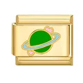 Maillon de charme italien doré avec planète verte peinte et petits cœurs roses - Base Dorée Motif Planète 4