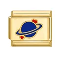 Maillon de bracelet italien avec planète dorée en émail bleu et détails de cœurs rouges - Base Dorée Motif Planète 6