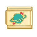 Charme modulaire en acier doré avec planète verte et détails de cœurs rouges en émail - Base Dorée Motif Planète 12