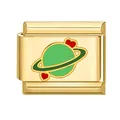 Charme modulaire italien doré avec planète verte et cœurs rouges en émail coloré - Base Dorée Motif Planète 13