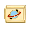 Maillon de bracelet modulaire italien doré avec planète en émail bleu et anneaux rouges - Base Dorée Motif Planète 14