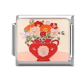 Charm modulare italiano con vaso di fiori rosso e smalto rosa per bracciale - Stile Vaso di Fiori Sfondo Rosa (M293887-2)