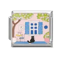 Italian modular charm featuring a colorful courtyard and black cat on stainless steel - Window Black Cat Building Scenery Style (M293887-5)