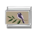 Abalorio modular italiano con pájaro púrpura en rama verde y acabado plateado - Estilo Pájaro Púrpura