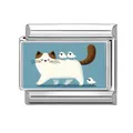 Italian charm link with cute cat and birds painting in polished stainless steel - Cat And Birds Style