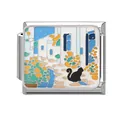 Italian charm link with Mediterranean village architecture and black cat silhouette - Mediterranean Town Building Cat Style (M293887-12)