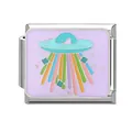 Italian charm link with colorful UFO and rainbow design on stainless steel base - Rainbow Beam UFO Saucer Style (M293887-13)