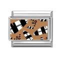 Italian charm link with bohemian black and white feather print on brown base - Abstract Feather Style