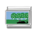 Italian modular charm link featuring a cute black cat on green grass with blue sky - Black Cat Pattern