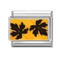Italian charm link featuring a yellow background and two black maple leaves in silver frame - Maple Leaf On Yellow Style